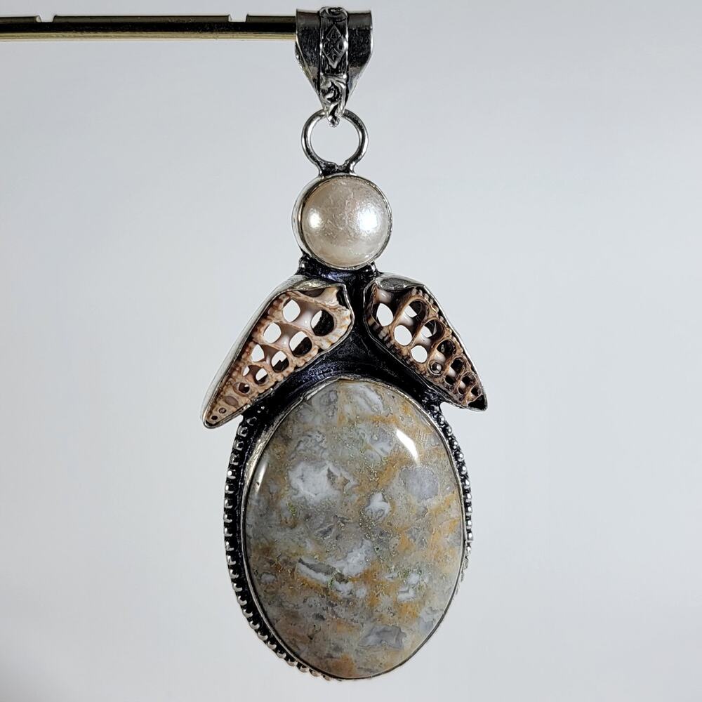 Handmade Silver Pendant – Fossil Coral & Pearl + 20" Sterling Silver Snake Chain